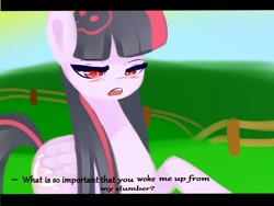 Size: 1024x768 | Tagged: safe, artist:kikiluv, oc, oc only, species:pegasus, species:pony, blushing, fake screencap, highlights, not twilight sparkle, open mouth, solo, subtitles, talking, tired, unamused
