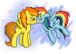 Size: 900x643 | Tagged: safe, artist:maplesunrise, character:rainbow dash, character:spitfire, species:pegasus, species:pony, ship:spitdash, blushing, duo, eyes closed, female, flying, heart, kissing, lesbian, mare, shipping, simple background, white background