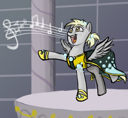 Size: 800x738 | Tagged: safe, artist:lemondevil, character:derpy hooves, species:pegasus, species:pony, clothing, cute, dress, female, gala dress, mare, music notes, open mouth, raised hoof, raised leg, singing, smiling, solo, spread wings, wings
