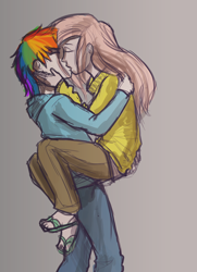 Size: 1000x1382 | Tagged: safe, artist:lemondevil, character:fluttershy, character:rainbow dash, ship:flutterdash, clothing, female, humanized, kissing, lesbian, shipping, sketch, sweater, sweatershy