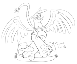 Size: 1500x1253 | Tagged: safe, artist:saine grey, character:gilda, species:griffon, feet, female, looking at you, monochrome, paws, plot, sketch, solo, wings
