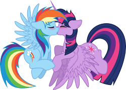 Size: 8000x5711 | Tagged: safe, artist:themoonraven, artist:xpesifeindx, character:rainbow dash, character:twilight sparkle, character:twilight sparkle (alicorn), species:alicorn, species:pony, ship:twidash, absurd resolution, blushing, cutie mark, female, flying, flying buddies, kissing, lesbian, mare, shipping, simple background, transparent background, vector, wings