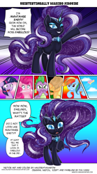 Size: 1200x2160 | Tagged: safe, artist:dimidiummorsumbra, artist:pia-sama, character:applejack, character:fluttershy, character:nightmare rarity, character:pinkie pie, character:rainbow dash, character:rarity, character:spike, character:twilight sparkle, species:dragon, species:earth pony, species:pegasus, species:pony, species:unicorn, clothing, comic, cosplay, costume, female, makeup, male, mane seven, mane six, mare