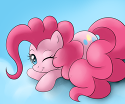 Size: 900x747 | Tagged: dead source, safe, artist:maplesunrise, character:pinkie pie, species:earth pony, species:pony, cute, diapinkes, female, mare, one eye closed, prone, solo