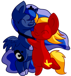 Size: 1200x1300 | Tagged: safe, artist:zoiby, character:princess luna, oc, oc:kyle, species:pony, bipedal, chibi, eyes closed, hug, simple background