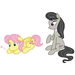 Size: 5250x5250 | Tagged: safe, artist:synch-anon, character:fluttershy, character:octavia melody, absurd resolution, adorascotch, butterscotch, cute, floppy ears, hi, prone, raised hoof, rule 63, rule63betes, shipping, shy, sitting, smiling, tavibetes, wavy mouth