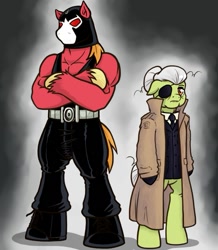 Size: 543x623 | Tagged: safe, artist:redhotkick, character:big mcintosh, character:granny smith, ask big red macintosh, bane, cosplay, deathstroke, eyepatch, semi-anthro