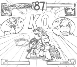 Size: 500x436 | Tagged: safe, artist:redhotkick, character:apple bloom, character:big mcintosh, species:earth pony, species:pony, crossover, fight, groin attack, hugo andore, makoto, male, ouch, playing, ponified, stallion, street fighter, street fighter 3, video game