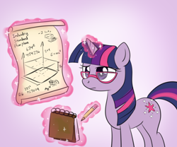 Size: 1200x1000 | Tagged: dead source, safe, artist:maplesunrise, character:twilight sparkle, character:twilight sparkle (unicorn), species:pony, species:unicorn, engineer, female, frown, glasses, glowing horn, horn, magic, mare, notepad, pencil, raised eyebrow, scroll, solo, telekinesis