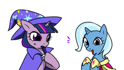 Size: 527x298 | Tagged: safe, artist:norang94, character:trixie, character:twilight sparkle, accessory swap, cape, clothes swap, clothing, coronation dress, cosplay, costume, dress, duo, hat, hoof shoes, open mouth, sweat, sweatdrop, trixie's cape, trixie's hat