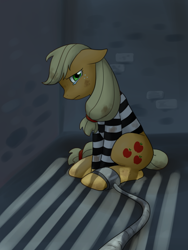 Size: 600x800 | Tagged: safe, artist:norang94, character:applejack, clothing, female, prison, prison outfit, prison stripes, sad, shackle, sitting, solo