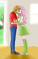 Size: 1050x1643 | Tagged: safe, artist:asdf314159265, character:applejack, character:big mcintosh, character:fluttershy, ship:fluttermac, my little pony:equestria girls, clothing, female, humanized, kissing, light skin, male, shipping, skirt, straight, tank top