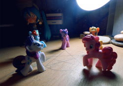 Size: 1844x1294 | Tagged: safe, artist:synch-anon, character:applejack, character:pinkie pie, character:rainbow dash, character:rarity, character:twilight sparkle, daft punk, figure, hatsune miku, irl, lamp, pentagram, photo, ritual, toy, vocaloid