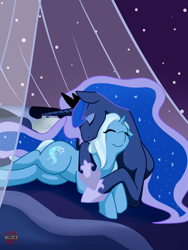 Size: 600x800 | Tagged: safe, artist:norang94, character:princess luna, character:trixie, ship:luxie, female, hug, lesbian, shipping