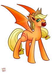 Size: 600x800 | Tagged: safe, artist:norang94, character:applejack, species:bat pony, species:pony, apple, applebat, bat ponified, fangs, female, mouth hold, race swap, simple background, solo