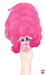 Size: 489x800 | Tagged: safe, artist:norang94, character:pinkie pie, species:human, species:pony, :o, adorable distress, alternate hairstyle, clothing, costume, cotton candy, cute, floppy ears, food, food costume, food pony, holding a pony, impossibly large mane, in goliath's palm, long mane, looking at you, micro, original species, this will end in death, this will not end well