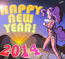 Size: 1280x1164 | Tagged: safe, artist:garam, character:pinkie pie, species:anthro, species:earth pony, g4, 2014, alternate hairstyle, female, jogging, mare, new year, ponytail, profile, solo, sunrise, text, tracksuit