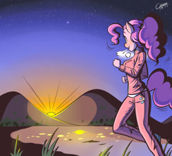 Size: 1280x1164 | Tagged: safe, alternate version, artist:garam, character:pinkie pie, species:anthro, species:earth pony, g4, alternate hairstyle, female, jogging, mare, ponytail, profile, signature, solo, sunrise, textless, tracksuit