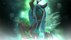 Size: 1920x1080 | Tagged: safe, artist:cr4zyppl, artist:hawk9mm, edit, character:queen chrysalis, species:changeling, bubble, changeling queen, eyes closed, female, pose, rain, solo, vector, wallpaper, wallpaper edit