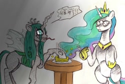 Size: 1328x892 | Tagged: safe, artist:asdf314159265, character:princess celestia, character:queen chrysalis, bloodshot eyes, cheesecake