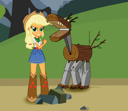 Size: 1310x1141 | Tagged: safe, artist:asdf314159265, character:applejack, episode:spike at your service, g4, my little pony: friendship is magic, my little pony:equestria girls, belt, boots, clothing, cowboy hat, denim skirt, equestria girls interpretation, female, freckles, hat, miniskirt, scene interpretation, shoes, skirt, solo, stetson, timber wolf puppet