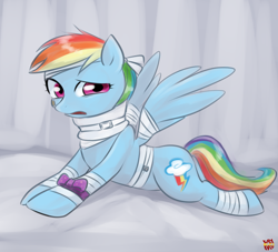 Size: 1100x1000 | Tagged: safe, artist:norang94, character:rainbow dash, episode:rainbow falls, g4, my little pony: friendship is magic, bandage, cast, feignbow dash, female, neck brace, pretending, solo, that was fast