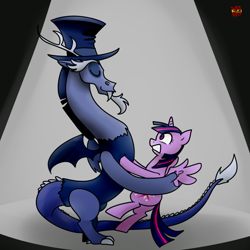 Size: 1000x1000 | Tagged: safe, artist:norang94, character:discord, character:twilight sparkle, character:twilight sparkle (alicorn), species:alicorn, species:draconequus, species:pony, ship:discolight, episode:three's a crowd, g4, my little pony: friendship is magic, blue flu, clothing, dancing, female, hat, male, mare, shipping, smiling, straight, tango, top hat
