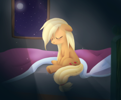 Size: 900x750 | Tagged: safe, artist:maplesunrise, character:applejack, bed, eyes closed, female, sitting, solo