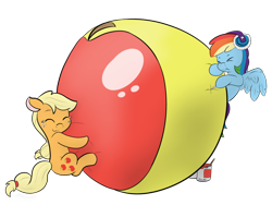 Size: 3000x2250 | Tagged: safe, artist:ramott, part of a set, character:applejack, character:rainbow dash, balloon, balloon popping, prank