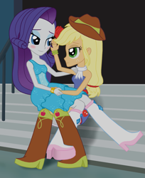 Size: 835x1022 | Tagged: dead source, safe, artist:asdf314159265, character:applejack, character:rarity, ship:rarijack, my little pony:equestria girls, boots, clothing, cowboy boots, dress, fall formal outfits, female, high heel boots, lesbian, shipping, sleeveless, snuggling, strapless