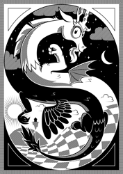 Size: 1400x1981 | Tagged: safe, artist:dahtamnay, character:discord, species:draconequus, black and white, day, duality, escheresque, featured on derpibooru, floating, flying, grayscale, impossible object, looking at you, m. c. escher, male, modern art, monochrome, night, non-euclidean, optical illusion, smiling, solo, style emulation, surreal, yin-yang