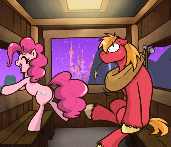 Size: 583x503 | Tagged: safe, artist:redhotkick, character:big mcintosh, character:pinkie pie, species:earth pony, species:pony, ship:pinkiemac, animated, final fantasy, final fantasy vii, floppy ears, fourth wall, hyperactive, looking at you, male, parody, pointing, shipping, sitting, smiling, stallion, straight, wide eyes
