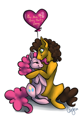 Size: 1280x1876 | Tagged: safe, artist:casynuf, character:cheese sandwich, character:pinkie pie, ship:cheesepie, balloon, female, heart, heart balloon, hug, male, shipping, straight