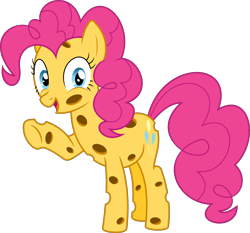 Size: 6440x6000 | Tagged: safe, artist:dasprid, character:cheese sandwich, character:pinkie pie, species:changeling, ship:cheesepie, absurd resolution, changelingified, cheese, cheeselegs, female, food pony, looking at you, male, open mouth, original species, pun, race swap, raised hoof, shipping, simple background, smiling, solo, straight, transparent background, trypophobia, vector, waving, wide eyes
