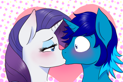 Size: 1280x853 | Tagged: safe, artist:naomiknight17, character:rarity, oc, oc:light shine, species:pony, species:unicorn, canon x oc, commission, female, heart, kissing, male, mare, stallion, straight, surprise kiss, surprised, tumblr, valentine