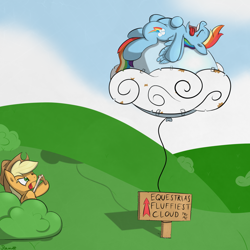 Size: 3000x3000 | Tagged: safe, artist:ramott, part of a set, character:applejack, character:rainbow dash, balloon, balloon popping, bush, cloud, cloudy, prank, sign, sleeping, slingshot, this will end in tears, this will not end well