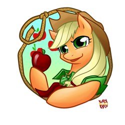 Size: 1000x1000 | Tagged: safe, artist:norang94, character:applejack, apple, clothing, female, food, frame, portrait, solo