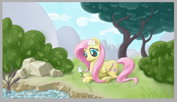 Size: 1320x763 | Tagged: safe, artist:giantmosquito, character:fluttershy, female, flower, flower in hair, outdoors, prone, river, solo, stream, tree