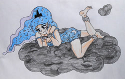 Size: 1657x1053 | Tagged: safe, artist:7yashka7, artist:synch-anon, character:princess luna, species:human, anklet, barefoot, bedroom eyes, clothing, cloud, feet, female, humanized, nightgown, prone, smiling, solo, stormcloud, traditional art