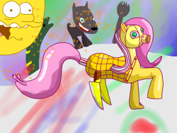 Size: 1000x750 | Tagged: safe, artist:zoiby, character:fluttershy, species:dog, augmented tail, knife, peanut, spork, wat