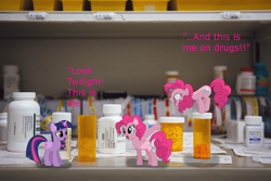 Size: 1280x853 | Tagged: safe, artist:chalcedonian, artist:digitalpheonix, artist:kysss90, artist:xpesifeindx, character:pinkie pie, character:twilight sparkle, bad joke, bottle, double, drugs, irl, paper, photo, ponies in real life, shadow, vector