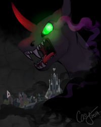 Size: 500x626 | Tagged: safe, artist:casynuf, character:king sombra, species:umbrum, crystal empire, crystal palace, curved horn, dark magic, fangs, magic, male, sharp teeth, solo, sombra eyes, teeth