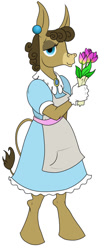 Size: 293x682 | Tagged: safe, artist:susiebeeca, character:matilda, species:anthro, species:donkey, species:unguligrade anthro, apron, clothing, cute, dress, ear piercing, earring, flower, holding, looking at you, matildadorable, piercing, smiling, solo, standing