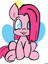 Size: 2200x2900 | Tagged: safe, artist:ramott, character:pinkamena diane pie, character:pinkie pie, :3, bucktooth, cute, cuteamena, female, hair over one eye, looking at you, open mouth, sitting, sketchy, smiling, solo, straight hair, underhoof