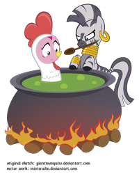 Size: 2000x2500 | Tagged: safe, artist:giantmosquito, artist:misteraibo, character:pinkie pie, character:zecora, species:zebra, animal costume, chicken pie, chicken suit, clothing, costume, stew