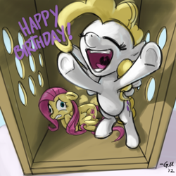Size: 640x640 | Tagged: safe, artist:giantmosquito, character:fluttershy, character:surprise, species:pony, g1, bipedal, birthday, duo, eyes closed, g1 to g4, generation leap