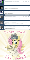 Size: 640x1280 | Tagged: safe, artist:giantmosquito, character:fluttershy, species:pony, ask, ask-dr-adorable, bipedal, clothing, cute, diploma, dr adorable, gloves, goggles, grin, lab coat, looking at you, mouth hold, phd, shyabetes, smiling, spread wings, tumblr, wings