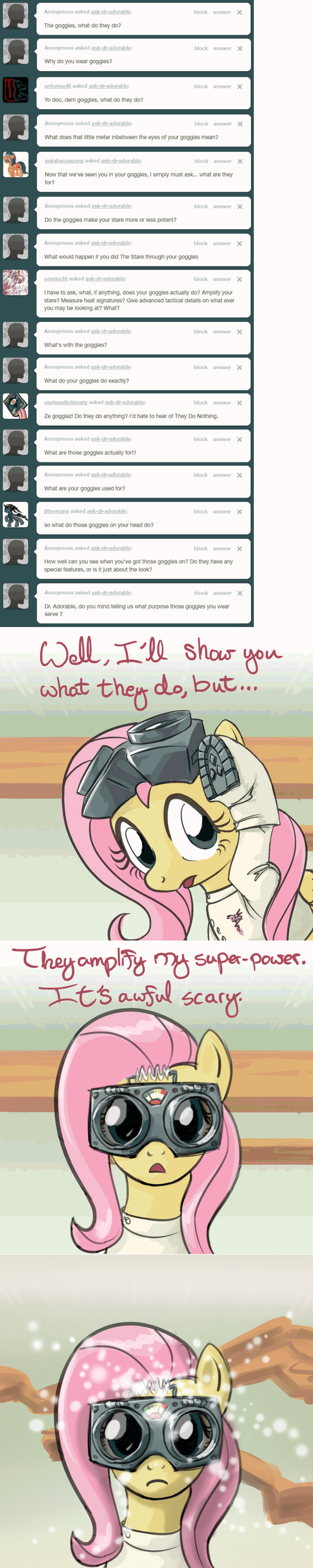 Size: 640x3201 | Tagged: safe, artist:giantmosquito, character:fluttershy, animated, ask, ask-dr-adorable, dr adorable, female, goggles, tumblr