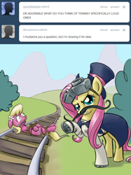 Size: 640x856 | Tagged: safe, artist:giantmosquito, character:fluttershy, character:lily, character:lily valley, species:earth pony, species:pony, ask, ask-dr-adorable, bondage, cloth gag, dastardly whiplash, dr adorable, female, gag, imminent decapitation, mare, moustache, peril, scared, tied to tracks, tied up, train tracks, tumblr, wide eyes