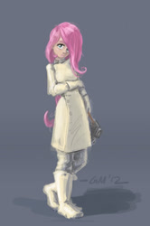 Size: 426x640 | Tagged: safe, artist:giantmosquito, character:fluttershy, species:human, boots, clothing, dr adorable, female, gloves, goggles, gradient background, head tilt, humanized, lab coat, looking at you, shoes, solo, standing, three quarter view